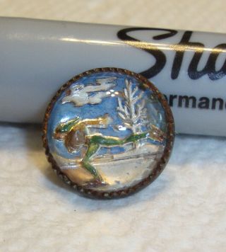 Vintage Reverse Painted Glass Skater Picture Button 9/16 "