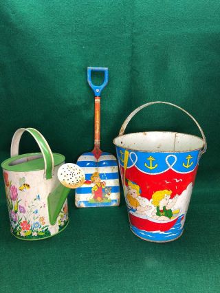 Vintage Ohio Art Tin Litho Beach Toys - Sand Pail / Shovel / Watering Can.