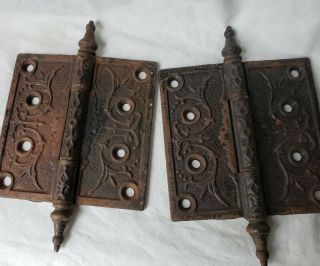 2 Victorian Antique Cast Iron Ornate Steeple Tip Door Hinges 4 1/2 X 4 1/2 " Rus