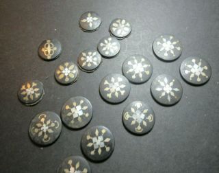 17 X Antique Inlaid Brass Mother Of Pearl Ebony Gaming Counters