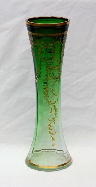 Moser Bohemian Vase Gold Gild Green To Clear Art Glass 13 1/2 "