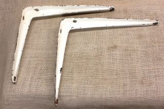 2 Shelf Brackets 8 " X 10 " Rustic Supports White Textured Paint Old Vintage Steel