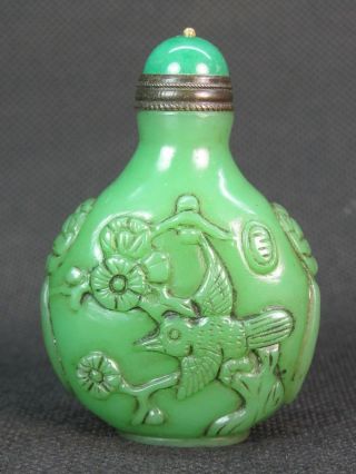 Chinese Plum Blossom Bird Carved Green Peking Glass Snuff Bottle