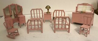 Antique Tootsietoy Metal Dollhouse Bedroom Suite - Pink.  Circa 1930s