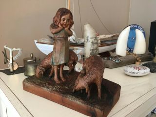 Vintage Hand Carved Statue Of Little Girl With Sheep