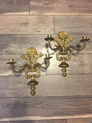 Vintage Solid Brass Ornate Wall Sconces 2 Candle (bin5)