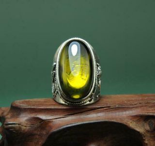 China Old Antique Hand - Made Tibetan Silver Inlay Green Zircon Ring A01