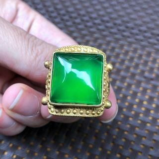 Chinese Solid Copper & Green Jadeite Jade Square Bead Handwork Rare No.  7 - 12 Ring