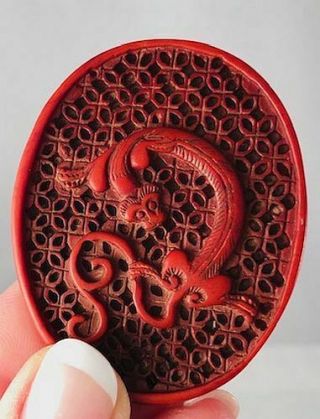 Vintage Chinese Finely Carved Red Cinnabar Pendant Medallion 2 - Sided Dragons N/r
