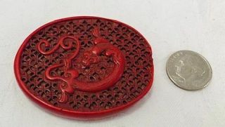 Vintage Chinese Finely Carved Red Cinnabar Pendant Medallion 2 - Sided Dragons N/R 4