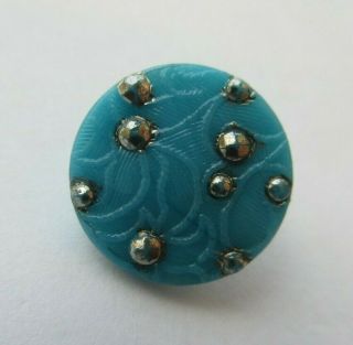 Exquisite Small Antique Vtg Victorian Turquoise Glass Button Lacy Design (k)