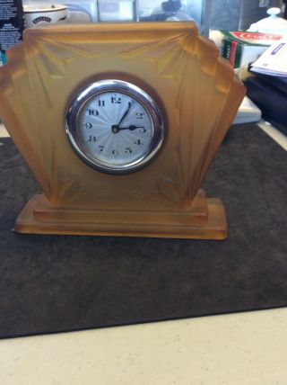 Antique Art Deco Frosted Amber Colour Glass Mantle Or Desk Clock With Foreign