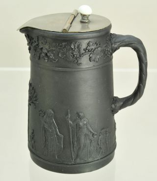 Small Antique Wedgwood Black Basalt And Silverplate Syrup Jug Pitcher