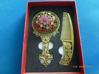 Chinese Decorate Copper Carve Flower Hand Mirror / Comb & Box