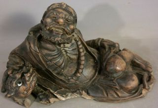 Antique Orientalist Old Carved Wood Buddha & Foo Dog Sculpture Chinese Statue
