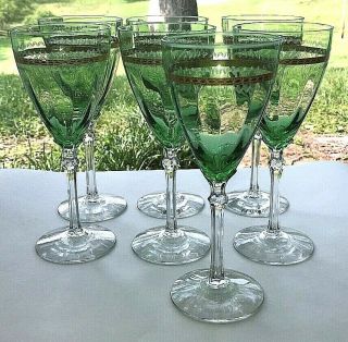 7 Fostoria 1928 Kingston Elegant Gold Decorated Etched Green Glass Water Goblets