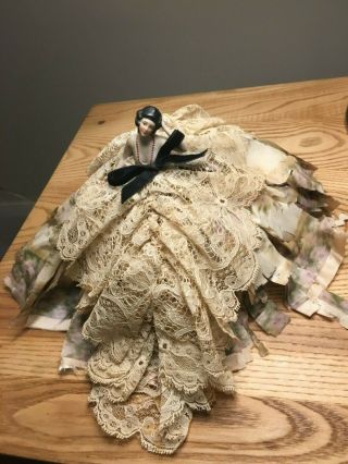 Antique Porcelain Bisque Half Doll With Silk & Lavish Lace Dress Pincushion