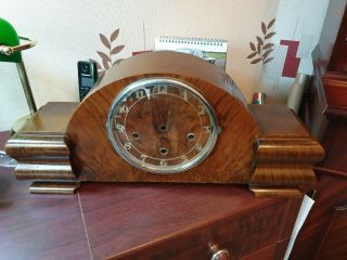Vintage Art Deco Wooden Mantel Clock Case With Glass Door & Numbers,  40s 50 