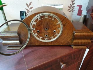 vintage art deco wooden mantel clock case with glass door & numbers,  40s 50 ' s. 3
