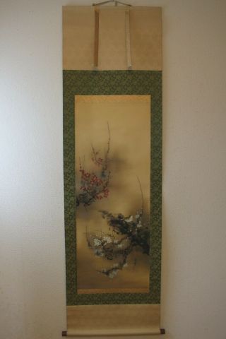 G08Q6 梅 White & Red Ume Plum Tree with Bush Warbler Japanese Hanging Scroll 2