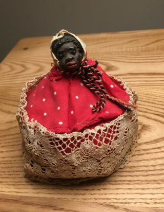 Vintage African American Black Porcelain Or Sculptured Half Doll Pincushion