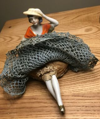Antique Porcelain Bisque Half Doll With Legs And Crochet Skirt Pincushion