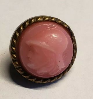 Rare Antique 1850 Waistcoat Button: Pink Glass Minerva Head Set In Brass