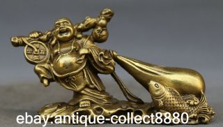 5.  7 " Chinese Bronze Buddhism Maitreya Buddha Wealth Moneybag Animal Fish Statue