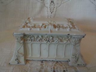 Antique Enameled Cast Iron Ornate Victorian 4 - Ftd Hinged Lid Vanity Trinket Box