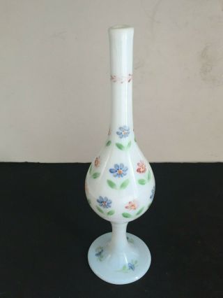 Antique Victorian Footed Fiery Opalescent Opal Blown Glass Bud Vase Thin Neck