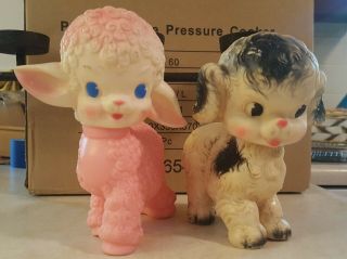 Vintage 1950 ' s The SUN RUBBER Co Pink Baby Sheep Lamb & Dog SQUEAK Toy - 4