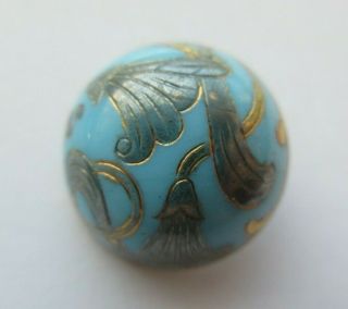 Spectacular Antique Vtg Turquoise Glass Button W/ Gold Luster Design 3/4 " (d)