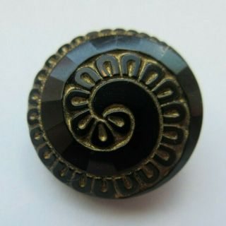 Wonderful Antique Vtg Black Glass Button Incised Gold Luster Design 3/4 " (d)