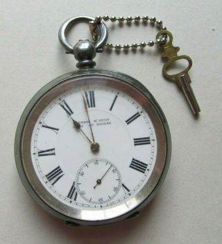 Antique Kendal & Dent.  935 Sterling Silver Pocket Watch Runs Well W/ Key