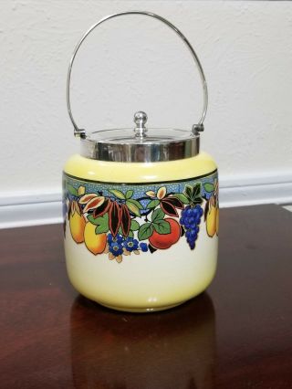 Paddy England Biscuit Barrel Jar Colorful Fruit Pattern With Epns Lid & Handle