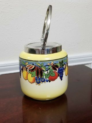 PADDY ENGLAND BISCUIT BARREL JAR COLORFUL FRUIT PATTERN WITH EPNS LID & HANDLE 2
