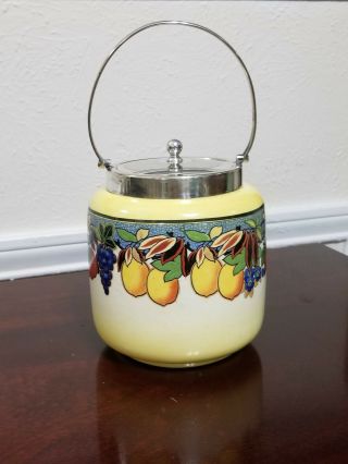 PADDY ENGLAND BISCUIT BARREL JAR COLORFUL FRUIT PATTERN WITH EPNS LID & HANDLE 3