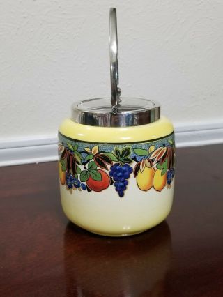 PADDY ENGLAND BISCUIT BARREL JAR COLORFUL FRUIT PATTERN WITH EPNS LID & HANDLE 4