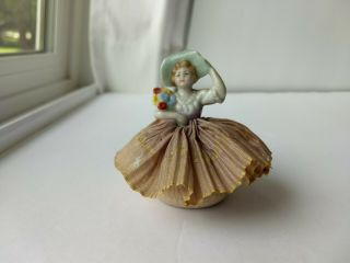 Vintage Porcelain Half Doll Girl Pin Cushion 3 " Tall
