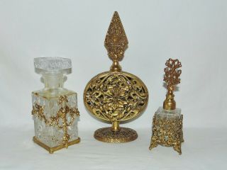 3 Vintage French Gilt Ormolu Perfume Bottles Gold Flower Basket Bows & Cherubs