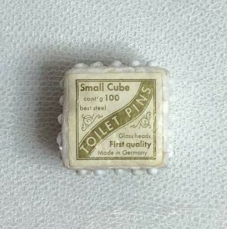 Antique Small Cube White Glass Head Toilet Pins Germany (99) Rare Sewing