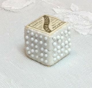 Antique Small Cube White Glass Head Toilet Pins Germany (99) Rare Sewing 2