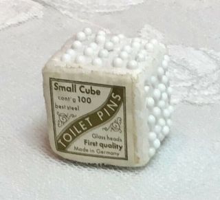 Antique Small Cube White Glass Head Toilet Pins Germany (99) Rare Sewing 3