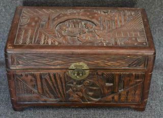 Handsome Antique Chinese Export Hand Carved Wooden Box With Figural Motifs