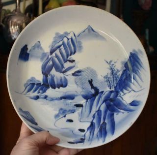 1870 Antique Japanese Export Imari Porcelain Blue White Village Scene Large Bowl