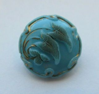 Exquisite Antique Vtg Turquoise Glass Button Art Nouveau Floral Design (d)