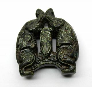 Y389 Antique Chinese Old Jade Handcarved Double Elephant Figurine Amulet Pendant 2