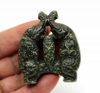 Y389 Antique Chinese Old Jade Handcarved Double Elephant Figurine Amulet Pendant 3