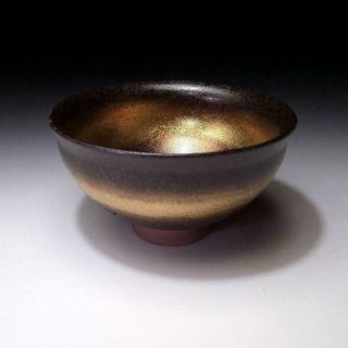 WR9: Vintage Japanese Pottery Tea Bowl,  Arita ware with wooden box,  Gold glaze 6