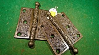 Pair Vintage Eastlake 3 1/2 X 3 1/2 Cannon Ball Top Hinges - Ver (10818)